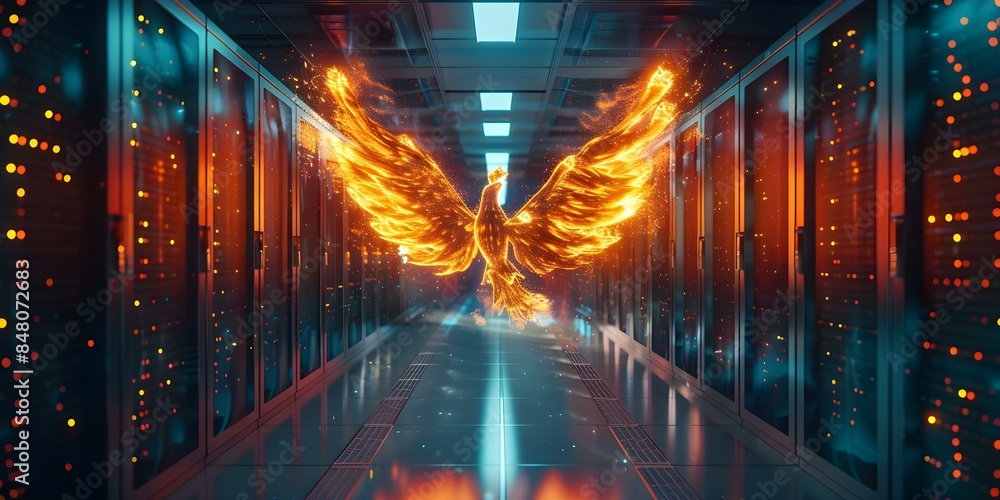 Poster recovering data post digital disaster rising like a phoenix from server ashes. concept data recovery