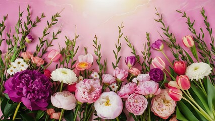 Summer flowers flat lay purple peonies pink roses and tulips and green branches over pastel pink background top view copy space wide composition flower texture wallpaper background