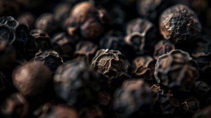 Macro shot of whole black peppercorns, rough textures and dark hues, soft ambient light, detailed and pungent. 
