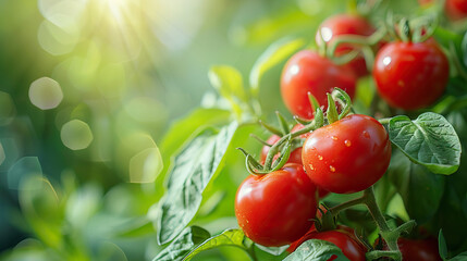 Close-Up Of Ripe Red Tomatoes Growing On The Vine With Green Leaves And Sunlight In The Background