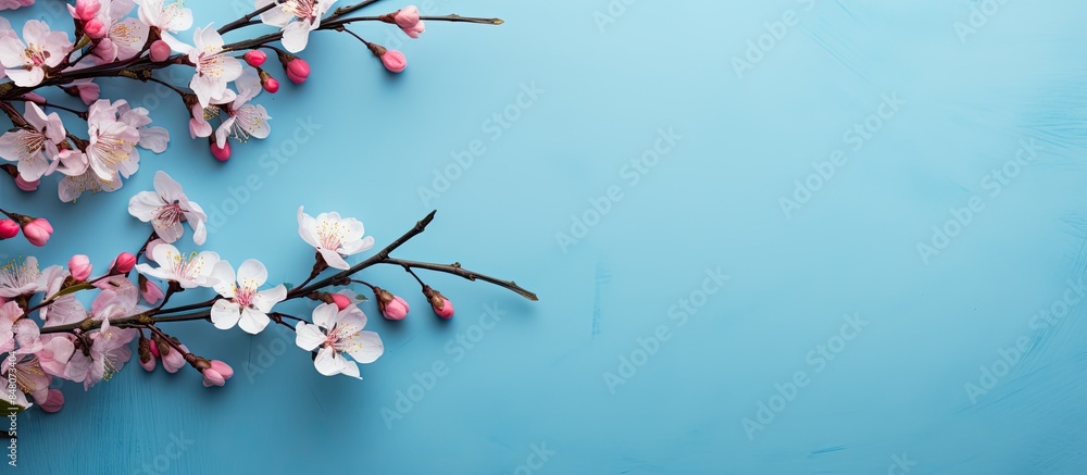 Poster flowering branches and petals on a blue background spring concept. creative banner. copyspace image