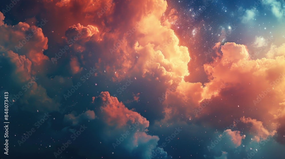 Poster a clear view of the night sky with fluffy clouds and twinkling stars