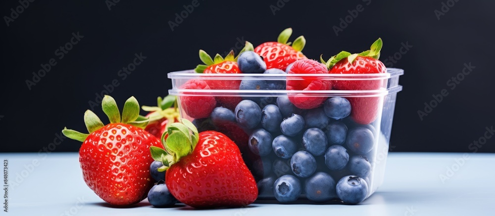 Aufkleber blueberries and strawberries placed in a container can be used for promotional media. creative banne