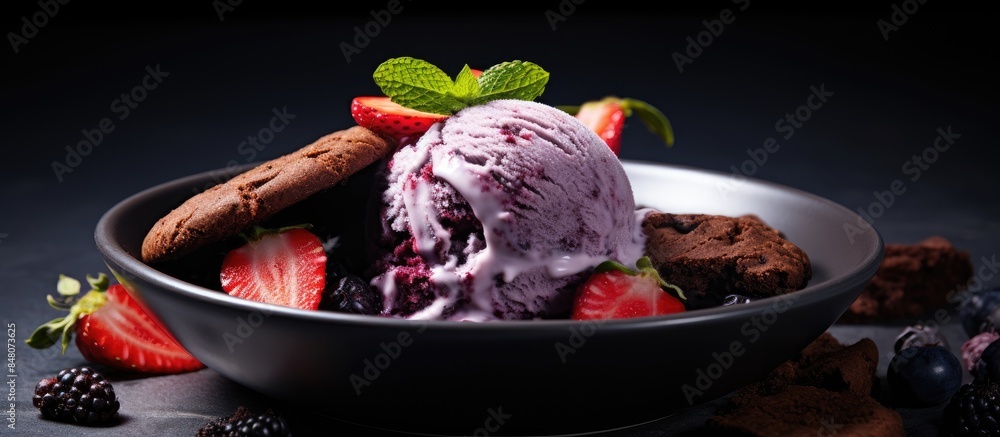 Aufkleber Berries ice cream in a white bowl with chocolate cookies on dark background Summer vibes. Creative banner. Copyspace image