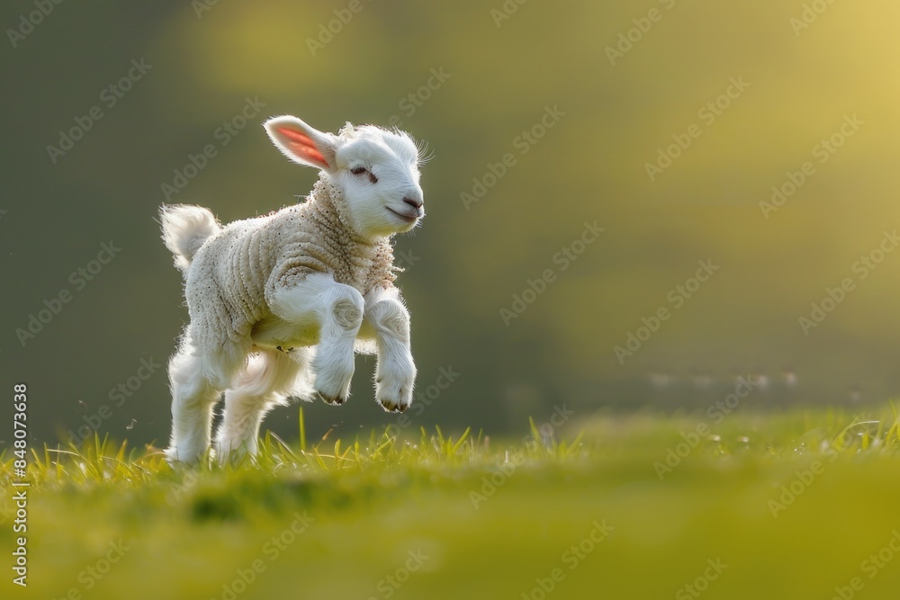 Poster a lamb running across a lush green field with flowers and grass