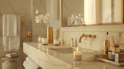 A chic bathroom with marble countertops and gold fixtures, an oversized mirror on the wall, scented candles, and a single towel rack.