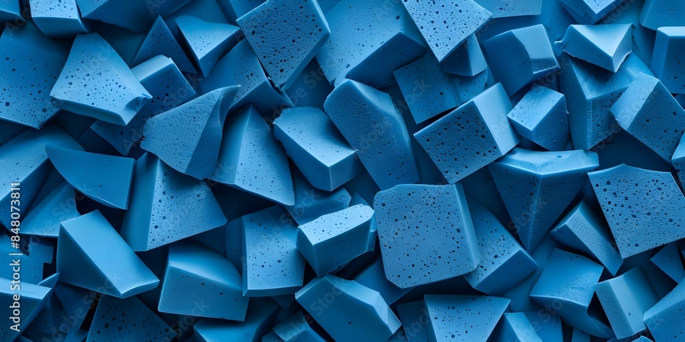 Poster blue foam blocks stacked randomly forming textured abstract pattern in various shapes. concept abstr