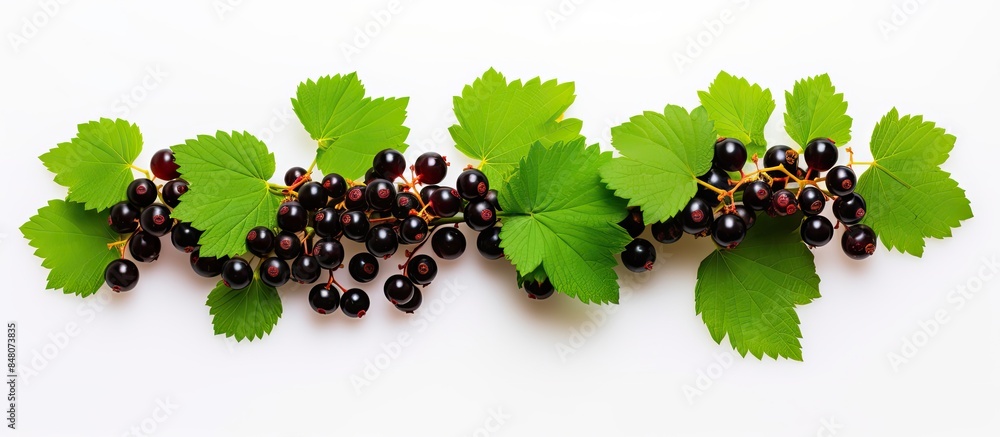 Poster mix of red currant and black currant with green leaf isolated on a white background healthy food top