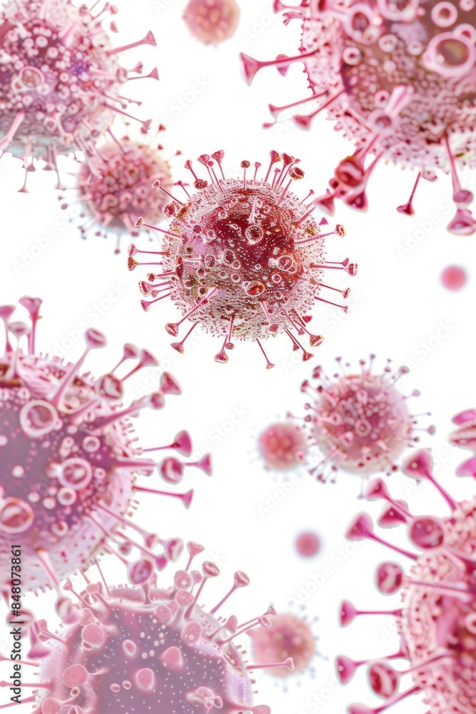 Poster a close-up view of a cluster of pink and white viruses on a white background