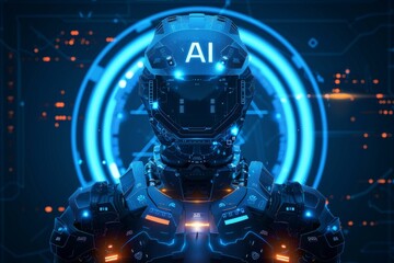 Fototapeta premium Futuristic robotic figure with a glowing AI logo, symbolizing the advancements and potential of artificial intelligence technology.