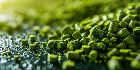 Closeup view of green biomass pellet a sustainable energy source. Concept Biomass Energy, Green Technology, Sustainable Fuel, Renewable Resources, Closeup Photography