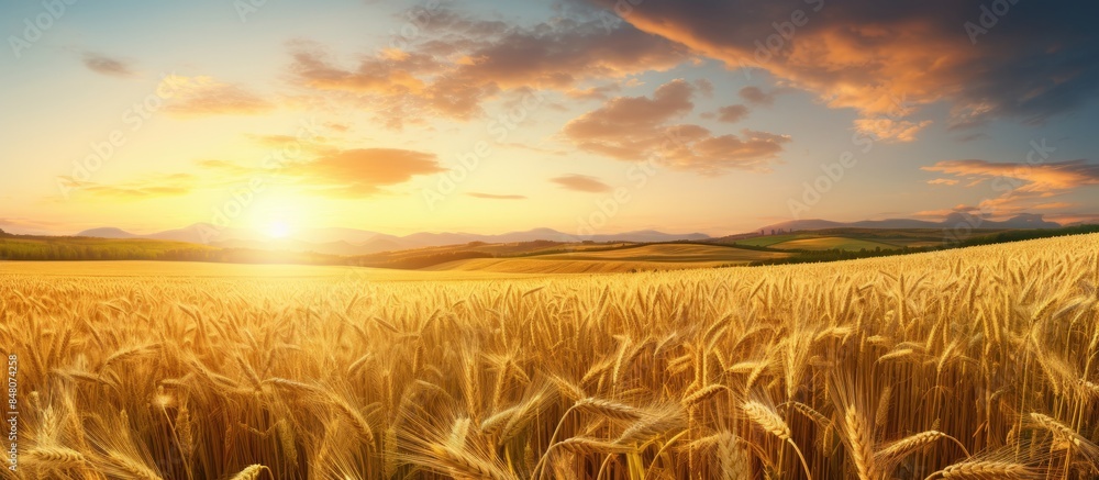Poster field of soybeans and wheat before sunset. creative banner. copyspace image