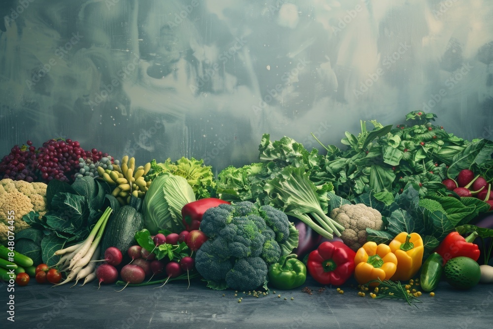 Poster a colorful array of fresh vegetables and fruits on a table, ideal for kitchen or market use
