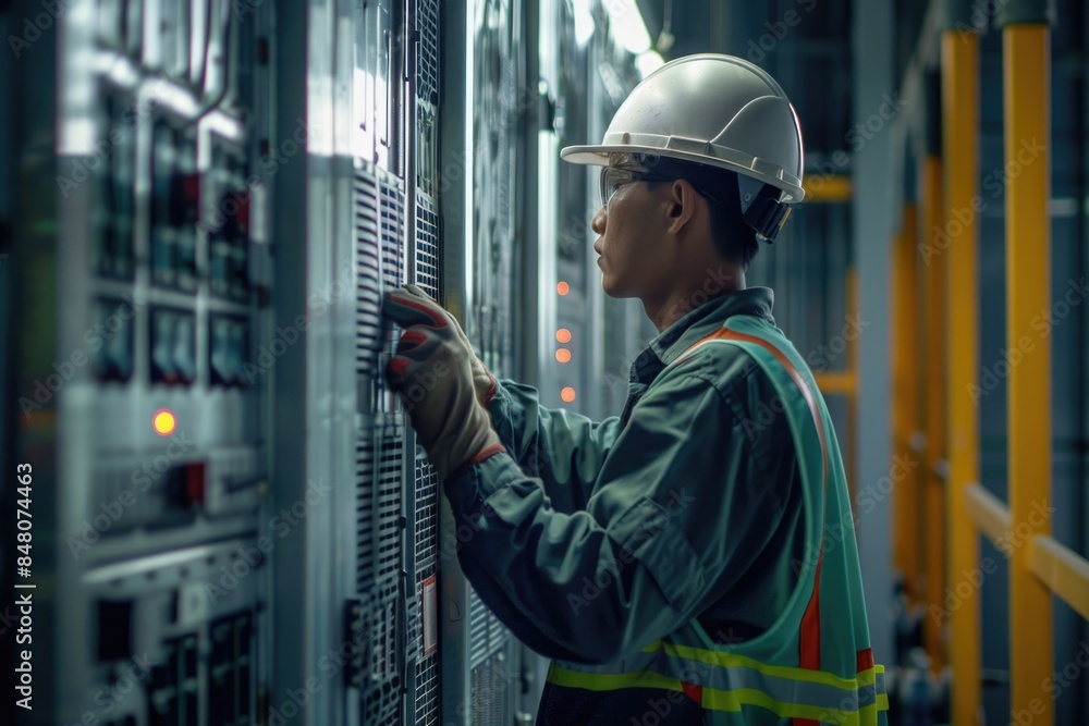 Poster a person wearing a hard hat is performing maintenance tasks on a machine