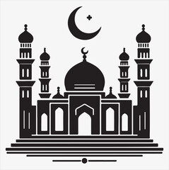 minimal mosque vector art illustration, silhouette on black, white background 