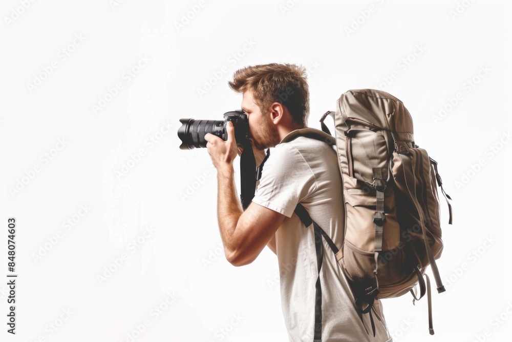 Poster a person taking a photo with a camera, suitable for use in articles about photography or technology