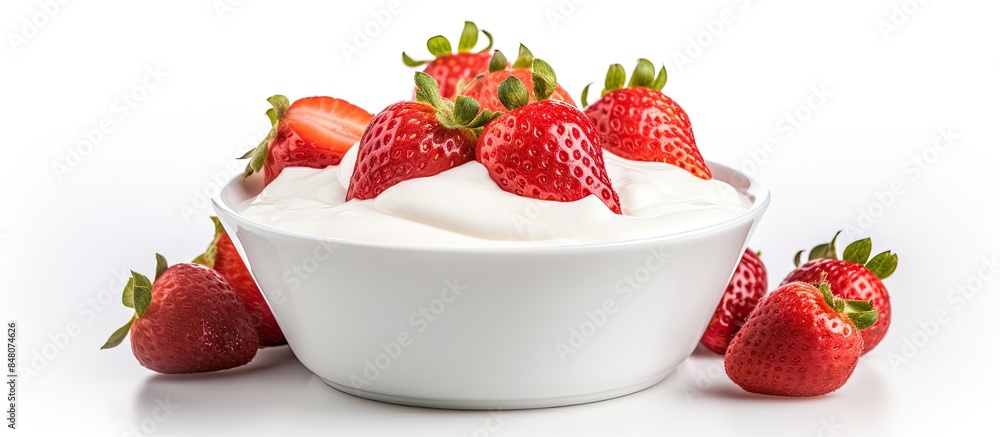 Aufkleber yogurt with fresh strawberries in a bowl isolated on white background. creative banner. copyspace im