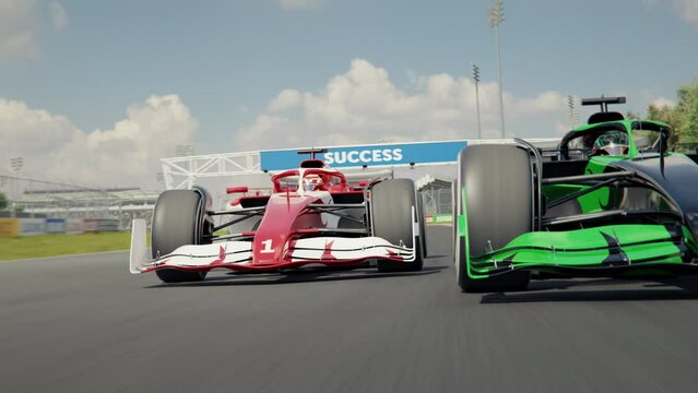 Zoom out of nose of car with number 1 to reveal a generic formula one race car overtaking another car. Dynamic front view shot. 3d animation rendering