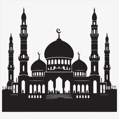 minimal mosque vector art illustration, silhouette on black, white background 