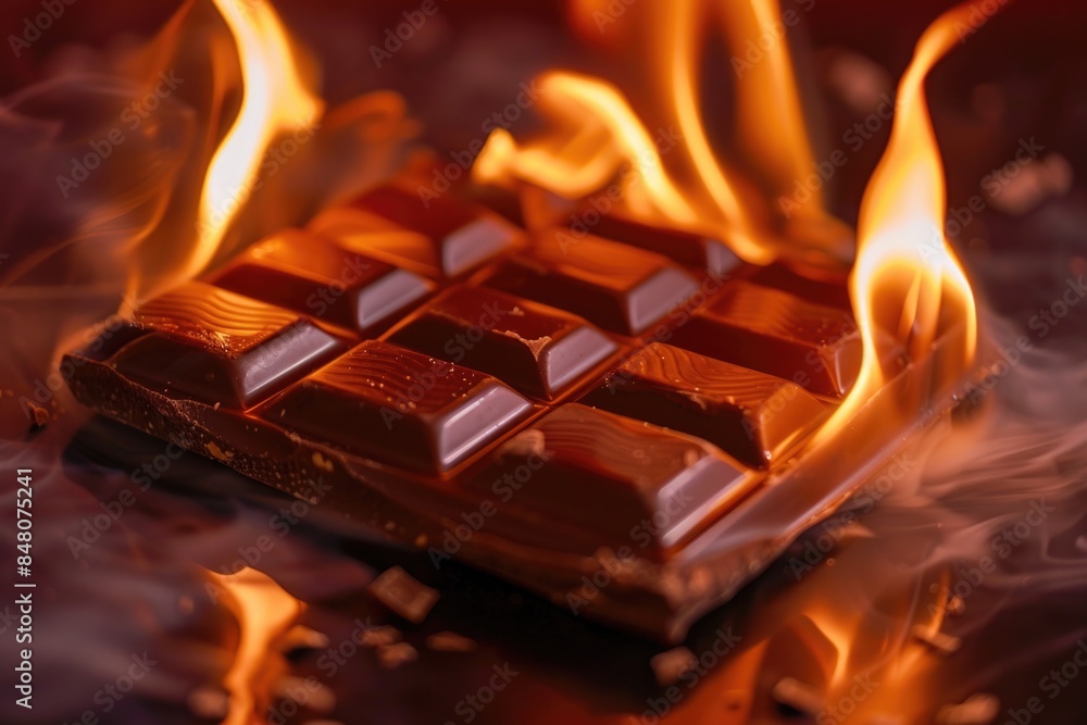 Poster a piece of chocolate melting on a table as flames lick the edges, potentially used in editorial or c