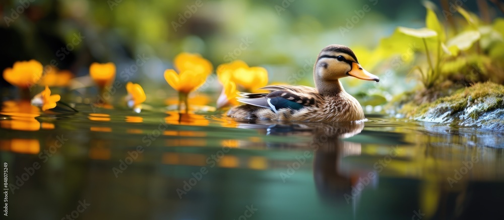 Poster beautiful duck in the pond. creative banner. copyspace image