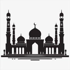 minimal mosque vector art illustration, silhouette on black, white background 