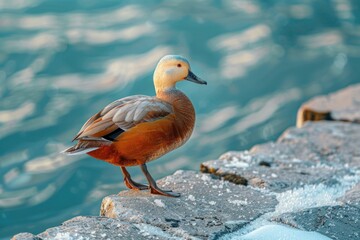 A single duck standing on a rock near the calm water, great for nature and wildlife related content