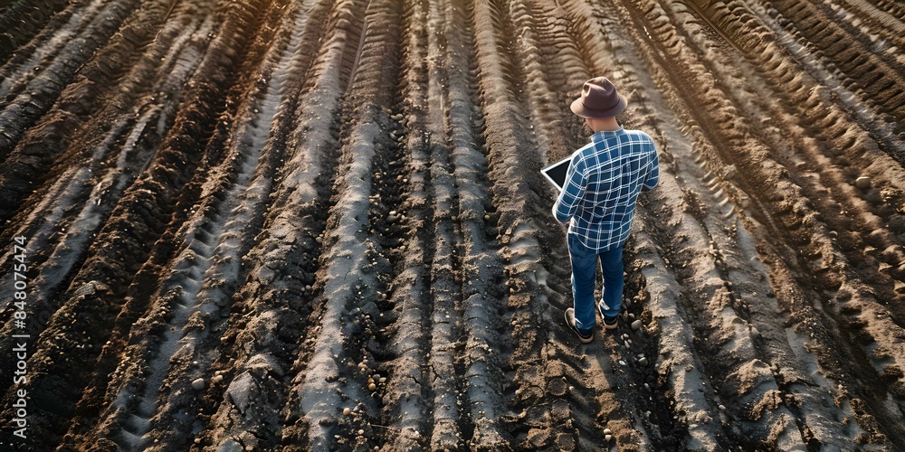 Poster farmer using technology to optimize crop planting density in neatly arranged rows. concept agricultu