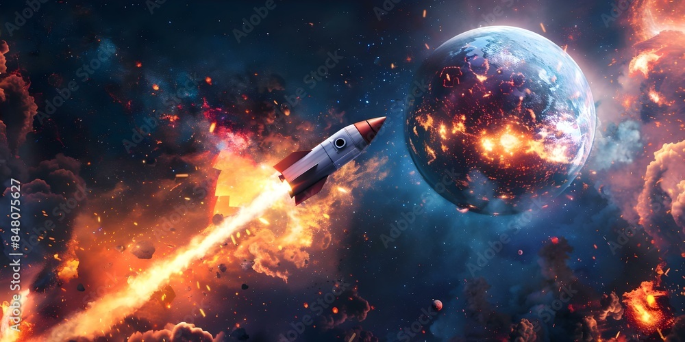 Poster rocket escapes exploding planet in dramatic space scene with cosmic backdrop. concept space explorat