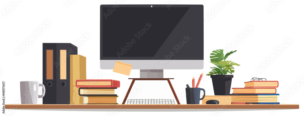 Poster office desk with computer and paperwork on a plain white backdrop. vector flat isolated illustration