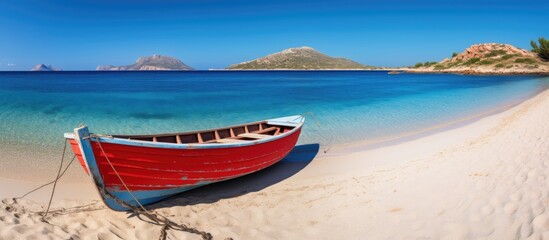 Fototapeta premium Red Paddle Boat on Sardinia Beach. Creative banner. Copyspace image