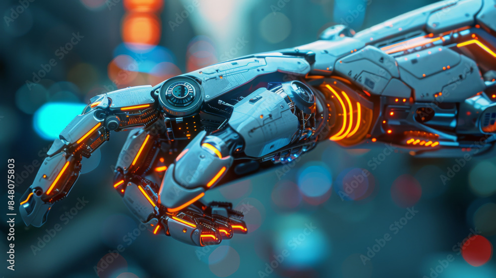 Poster close-up of a futuristic robotic hand with intricate mechanical details and neon lights in a high-te