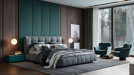 Modern bedroom in grey and teal sleek and stylish design