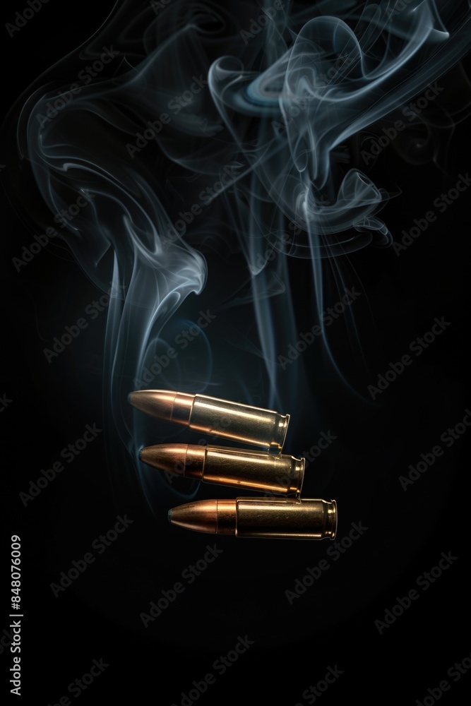 Poster a close-up shot of a bullet with smoke emanating from it, suitable for use in images about weapons, 