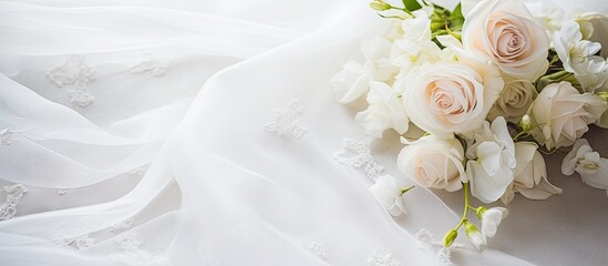 Elegant wedding bouquet on white fabric. Creative banner. Copyspace image