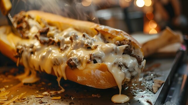 Philly Cheesesteak Overflowing with Melted Cheese,Street Food Scene with Warm Evening Glow
