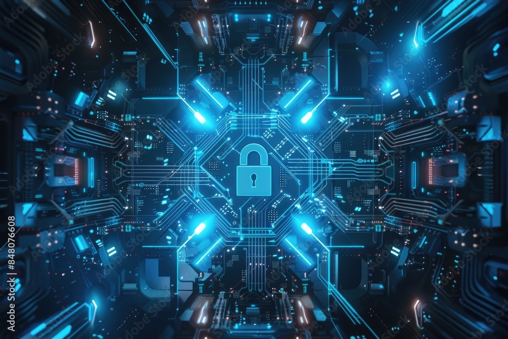 Poster A computer circuit with a padlock secured on top, useful for securing electronic devices or conveying a sense of security