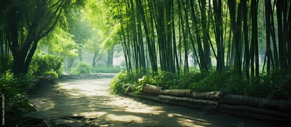 Poster dirt path in a forest with trees and bamboos. creative banner. copyspace image