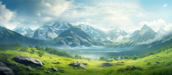 Fototapeta premium Travel along the mountain range and plateau in a picturesque area on a summer day communication with nature a tourist quest. Creative banner. Copyspace image