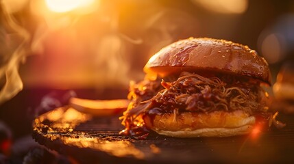 Mouth-Watering Pulled Pork Sandwich with Toasted Bun and Backyard Barbecue Ambience