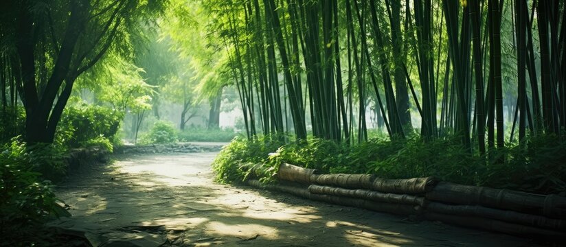 dirt path in a forest with trees and bamboos. Creative banner. Copyspace image