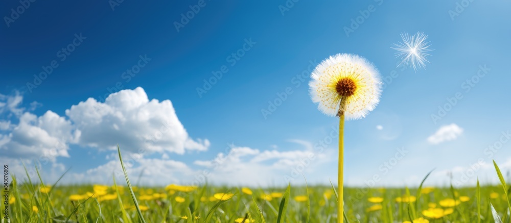 Aufkleber one yellow dandelion in meadow with blue sky and cloud. creative banner. copyspace image