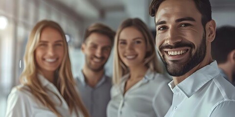 Fototapeta premium Confident business team smiles together in office showing unity and success. Concept Corporate Team Unity, Office Smiles, Confident Professionals