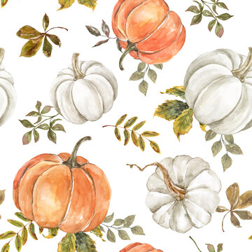 Autumn-themed repeat print with orange and white pumpkins and leaves. Watercolor fall gourds illustration. Botanical designer paper.