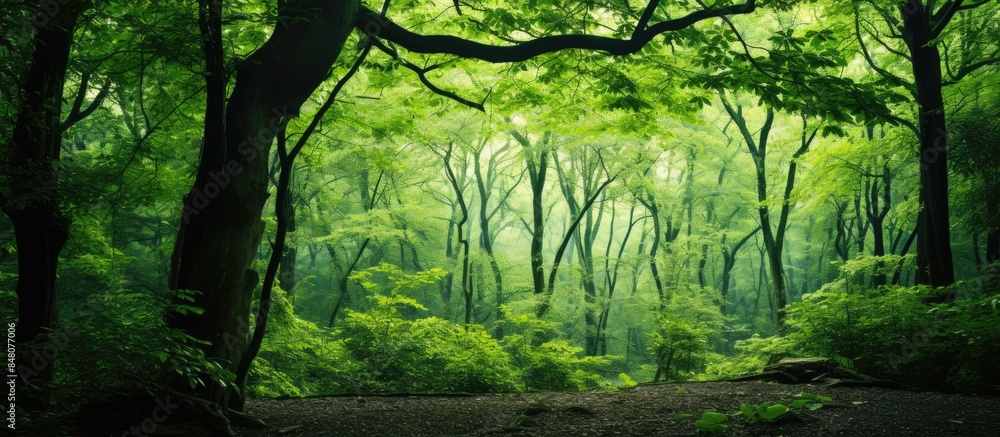 Poster Green grass and trees in a forest. Creative banner. Copyspace image