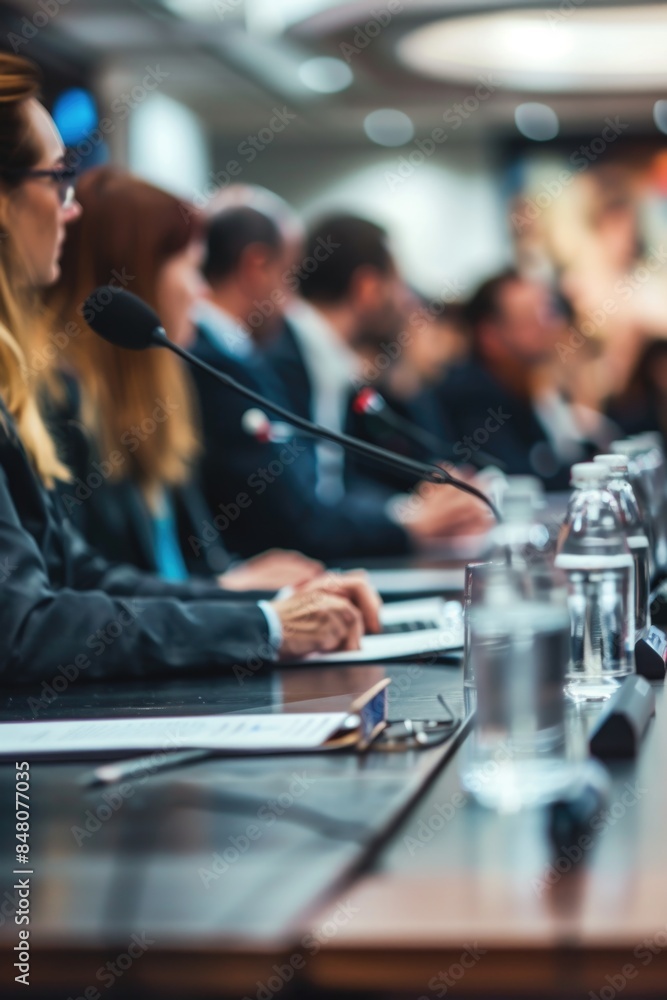 Poster group discussion or presentation setting with multiple individuals equipped with microphones, suitab