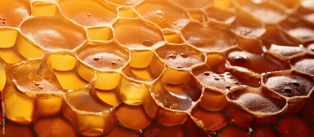 Poster honeycomb with cells full of fresh honey macro photography. creative banner. copyspace image