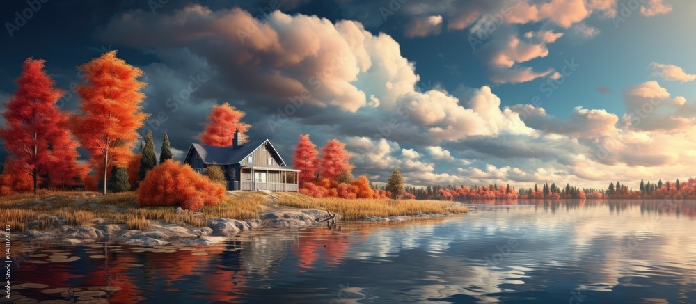 Sticker House on the banks of the autumn river against the beautiful sky with cumulonimbus clouds. Creative banner. Copyspace image