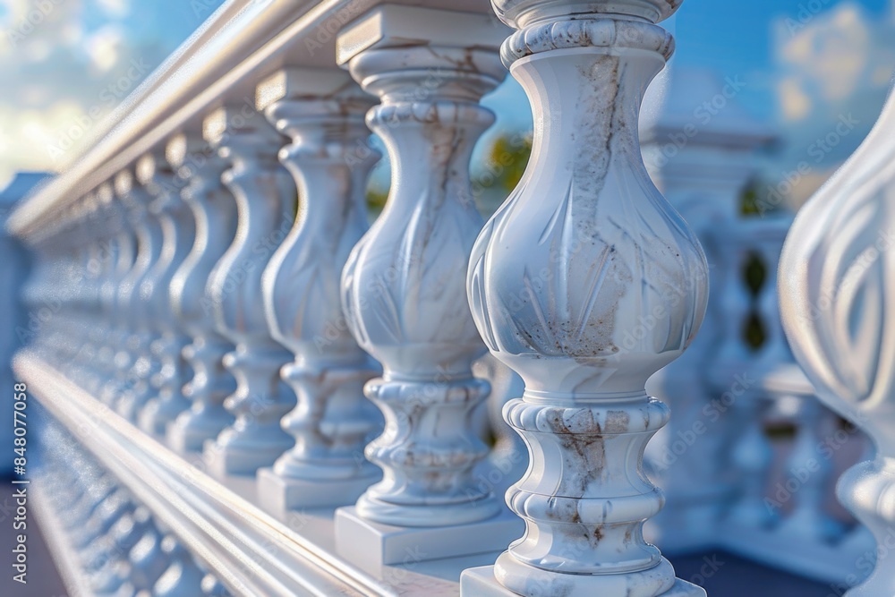 Poster a close-up view of a railing with a bright blue sky in the background, providing a sense of depth an