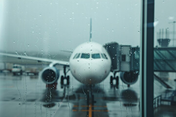 Fototapeta premium Airplane facing the airport gate on a rainy day seen through a window with raindrops